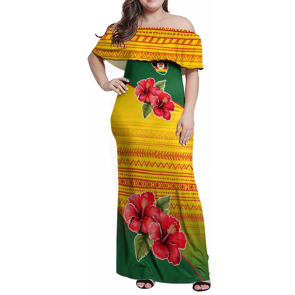 Zimbabwe Flag Map and Red Hibiscus Flowers Family Matching Off Shoulder Maxi Dress and Hawaiian Shirt with African Tribal Pattern