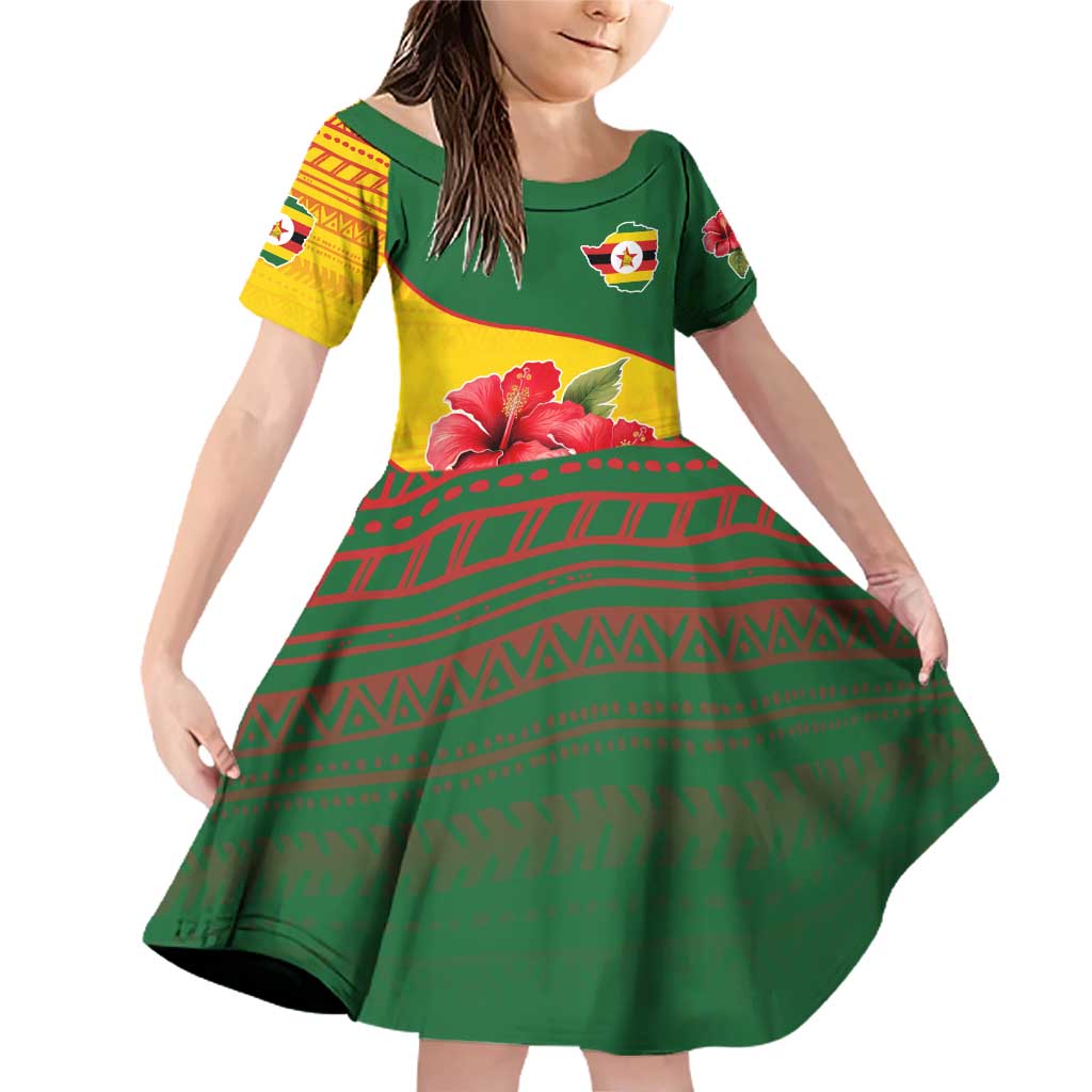 Zimbabwe Flag Map and Red Hibiscus Flowers Family Matching Off Shoulder Short Dress and Hawaiian Shirt with African Tribal Pattern
