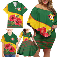 Zimbabwe Flag Map and Red Hibiscus Flowers Family Matching Off Shoulder Short Dress and Hawaiian Shirt with African Tribal Pattern