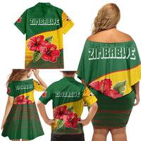 Zimbabwe Flag Map and Red Hibiscus Flowers Family Matching Off Shoulder Short Dress and Hawaiian Shirt with African Tribal Pattern