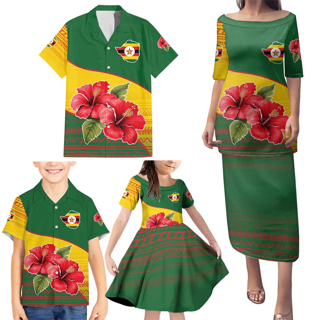 Zimbabwe Flag Map and Red Hibiscus Flowers Family Matching Puletasi and Hawaiian Shirt with African Tribal Pattern