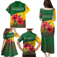 Zimbabwe Flag Map and Red Hibiscus Flowers Family Matching Puletasi and Hawaiian Shirt with African Tribal Pattern