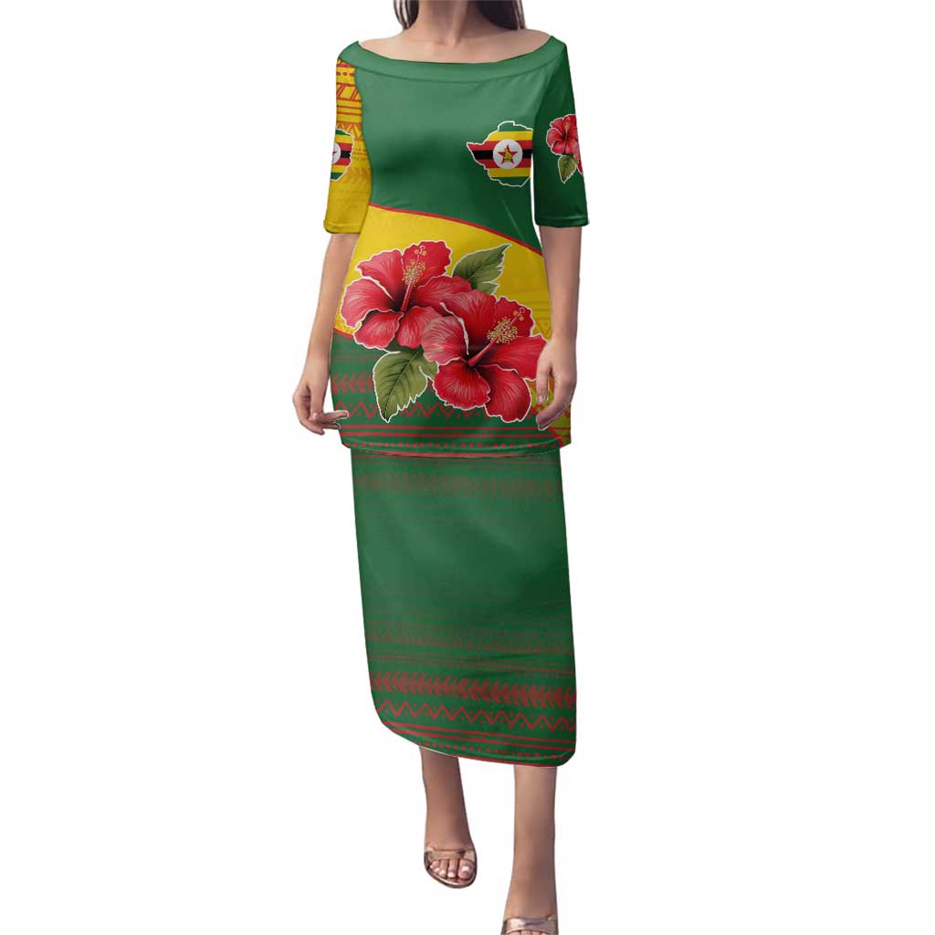 Zimbabwe Flag Map and Red Hibiscus Flowers Family Matching Puletasi and Hawaiian Shirt with African Tribal Pattern
