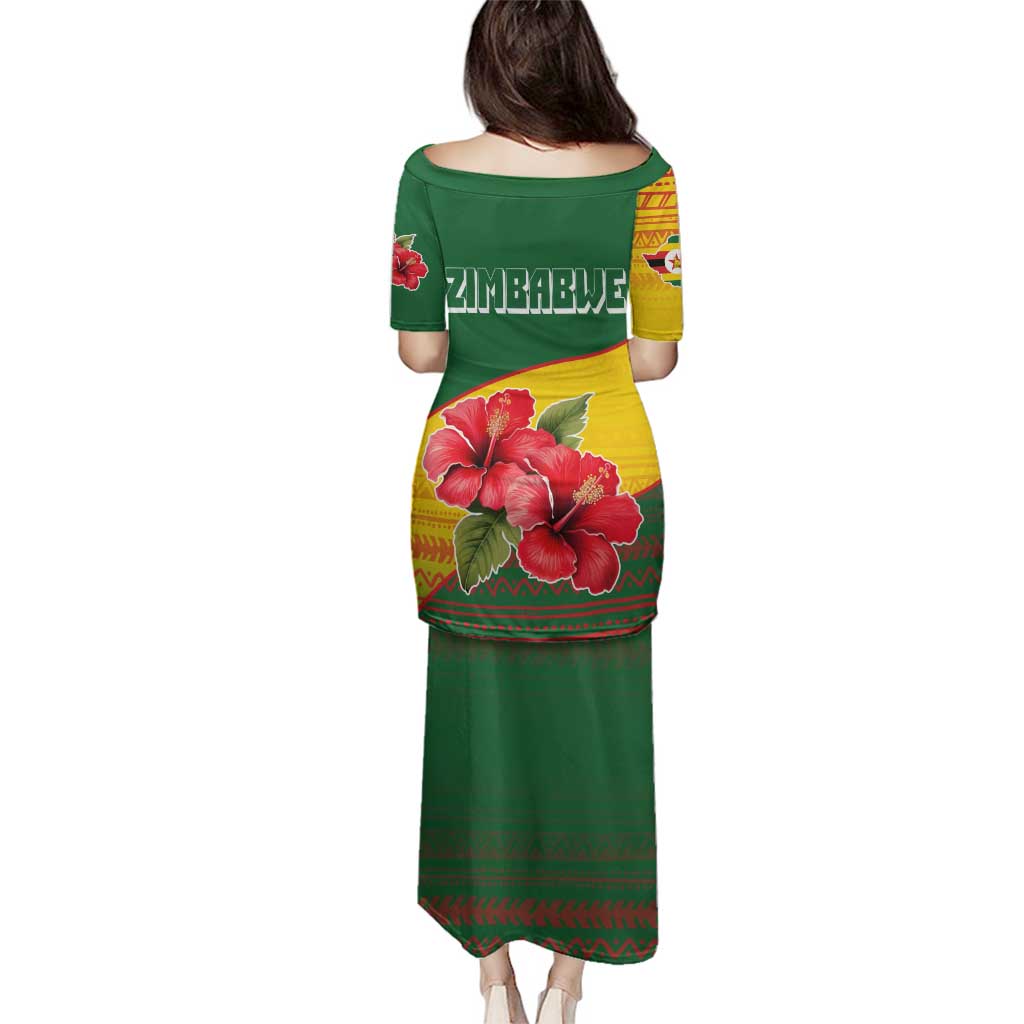 Zimbabwe Flag Map and Red Hibiscus Flowers Family Matching Puletasi and Hawaiian Shirt with African Tribal Pattern
