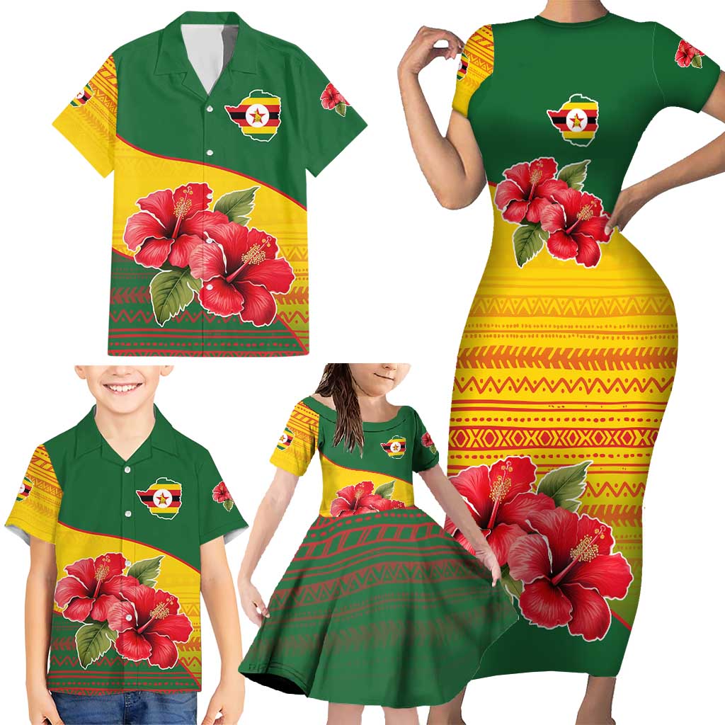 Zimbabwe Flag Map and Red Hibiscus Flowers Family Matching Short Sleeve Bodycon Dress and Hawaiian Shirt with African Tribal Pattern