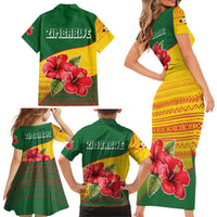 Zimbabwe Flag Map and Red Hibiscus Flowers Family Matching Short Sleeve Bodycon Dress and Hawaiian Shirt with African Tribal Pattern