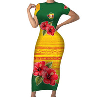 Zimbabwe Flag Map and Red Hibiscus Flowers Family Matching Short Sleeve Bodycon Dress and Hawaiian Shirt with African Tribal Pattern
