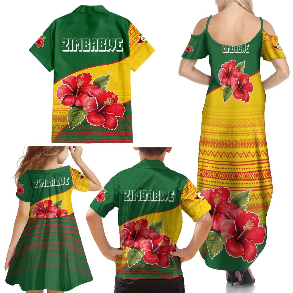 Zimbabwe Flag Map and Red Hibiscus Flowers Family Matching Summer Maxi Dress and Hawaiian Shirt with African Tribal Pattern