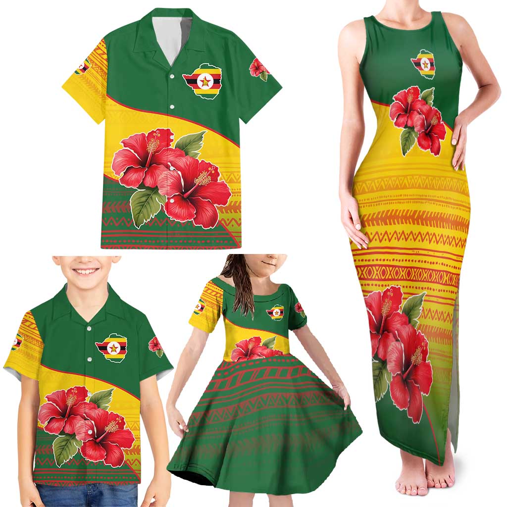 Zimbabwe Flag Map and Red Hibiscus Flowers Family Matching Tank Maxi Dress and Hawaiian Shirt with African Tribal Pattern
