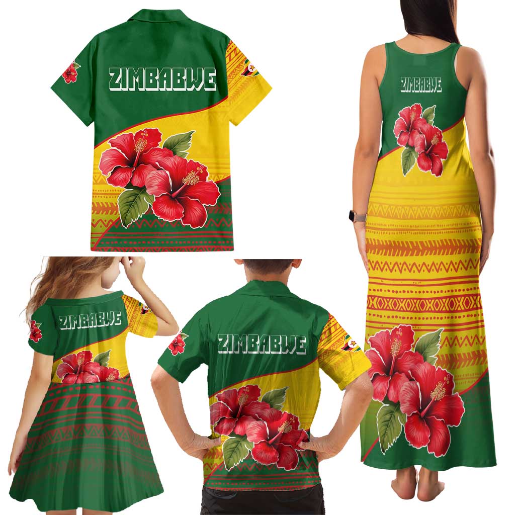 Zimbabwe Flag Map and Red Hibiscus Flowers Family Matching Tank Maxi Dress and Hawaiian Shirt with African Tribal Pattern
