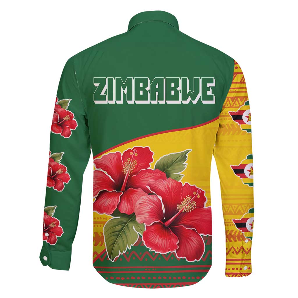 Zimbabwe Flag Map and Red Hibiscus Flowers Family Matching Tank Maxi Dress and Hawaiian Shirt with African Tribal Pattern