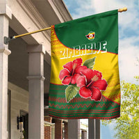 Zimbabwe Flag Map and Red Hibiscus Flowers Garden Flag with African Tribal Pattern