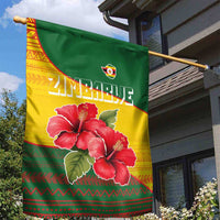 Zimbabwe Flag Map and Red Hibiscus Flowers Garden Flag with African Tribal Pattern