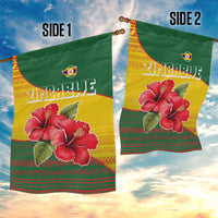 Zimbabwe Flag Map and Red Hibiscus Flowers Garden Flag with African Tribal Pattern