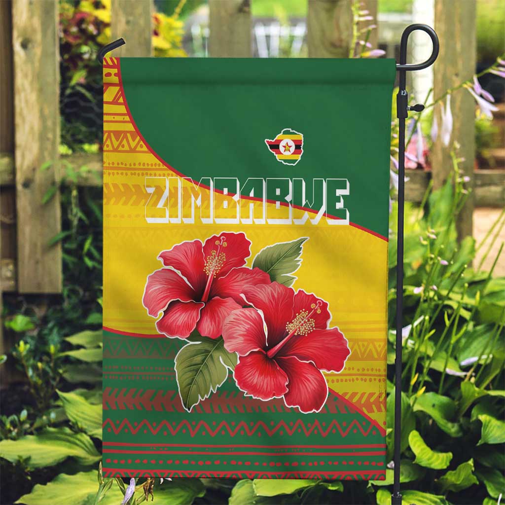 Zimbabwe Flag Map and Red Hibiscus Flowers Garden Flag with African Tribal Pattern