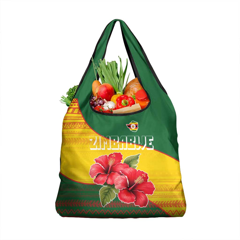 Zimbabwe Flag Map and Red Hibiscus Flowers Grocery Bag with African Tribal Pattern