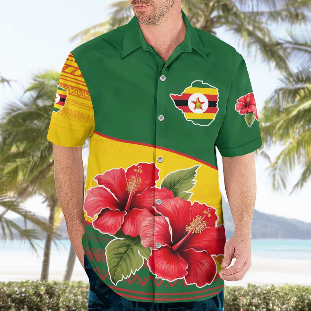 Zimbabwe Flag Map and Red Hibiscus Flowers Hawaiian Shirt with African Tribal Pattern
