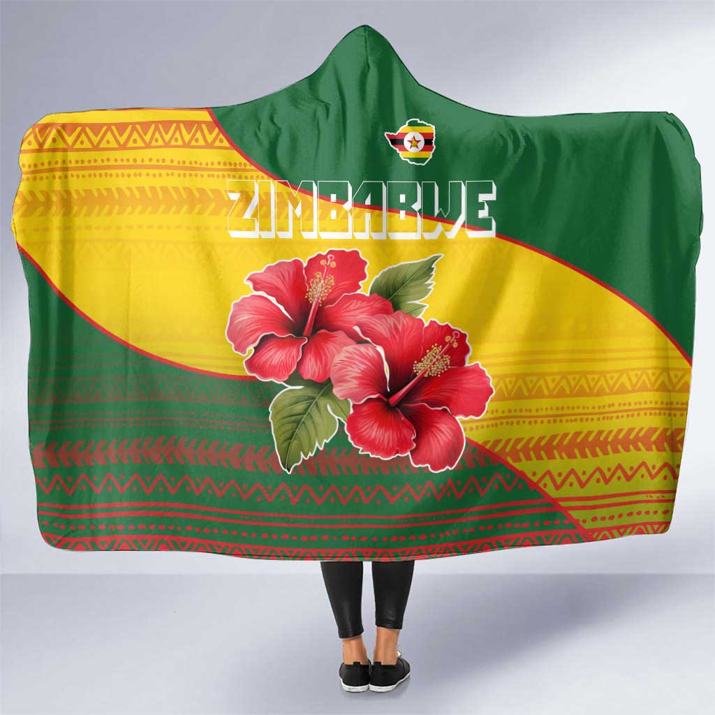 Zimbabwe Flag Map and Red Hibiscus Flowers Hooded Blanket with African Tribal Pattern