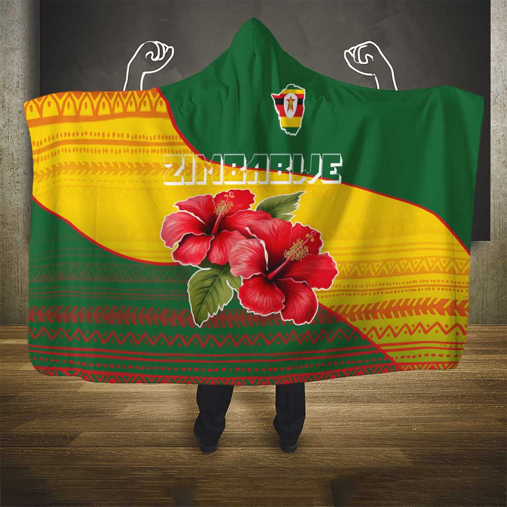 Zimbabwe Flag Map and Red Hibiscus Flowers Hooded Blanket with African Tribal Pattern