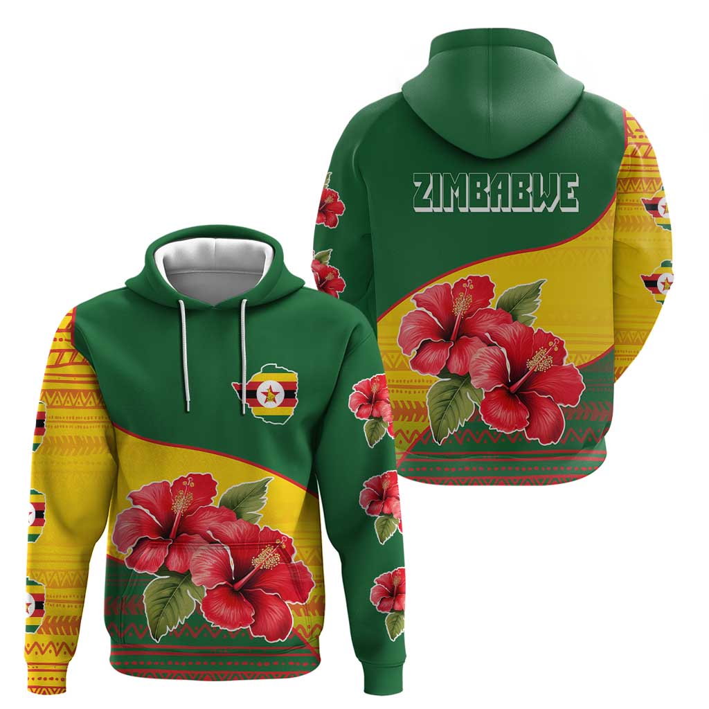 Zimbabwe Flag Map and Red Hibiscus Flowers Hoodie with African Tribal Pattern