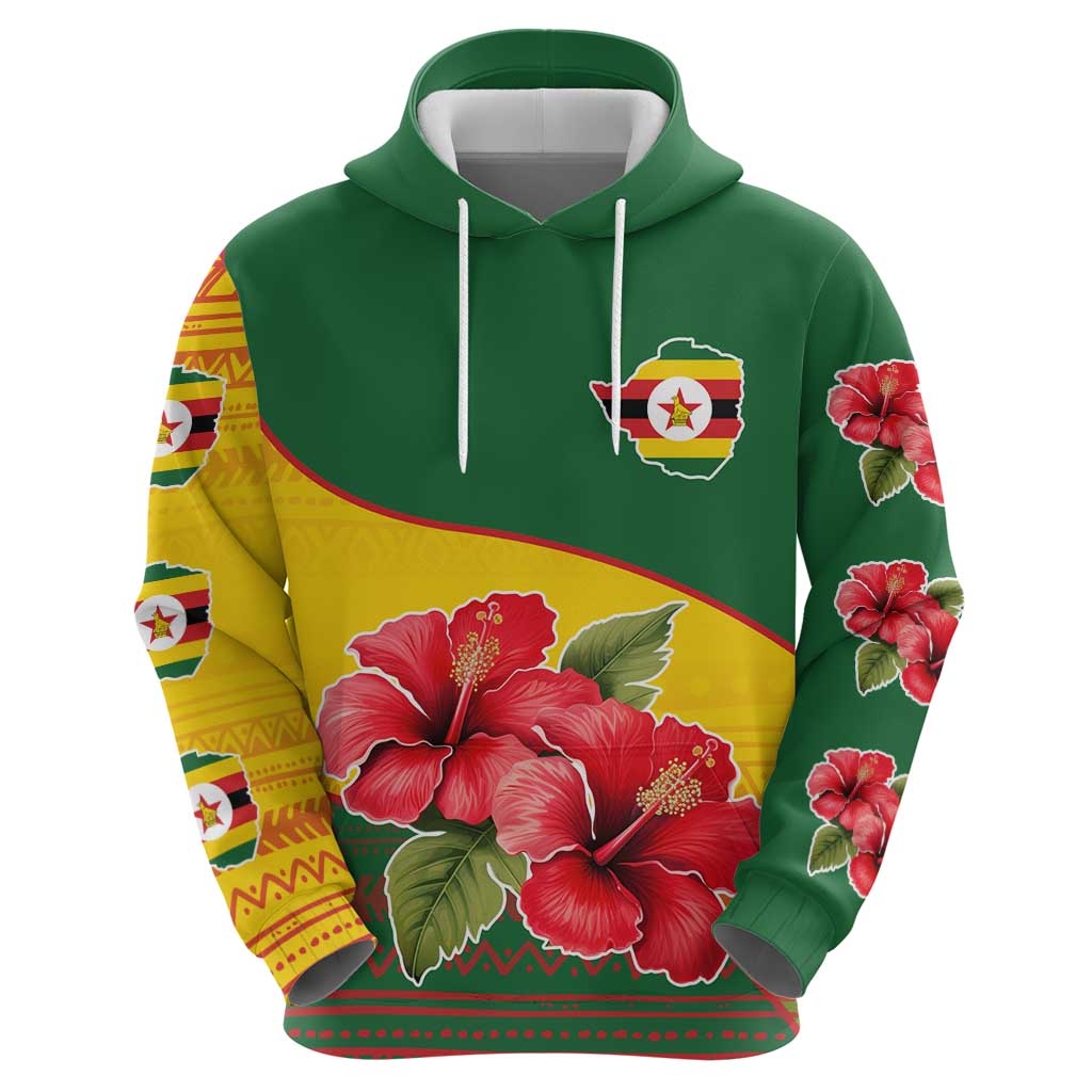 Zimbabwe Flag Map and Red Hibiscus Flowers Hoodie with African Tribal Pattern