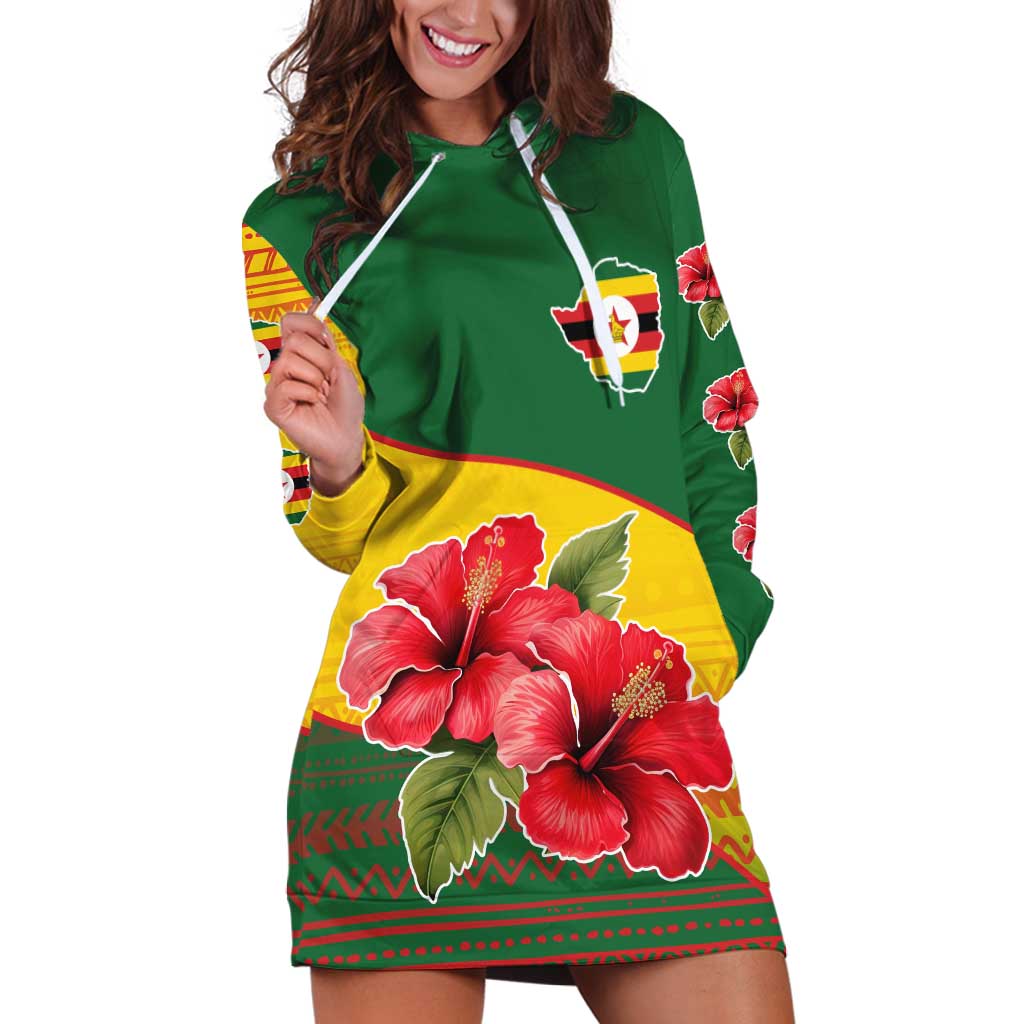 Zimbabwe Flag Map and Red Hibiscus Flowers Hoodie Dress with African Tribal Pattern