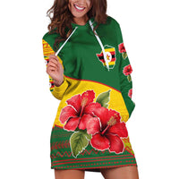 Zimbabwe Flag Map and Red Hibiscus Flowers Hoodie Dress with African Tribal Pattern