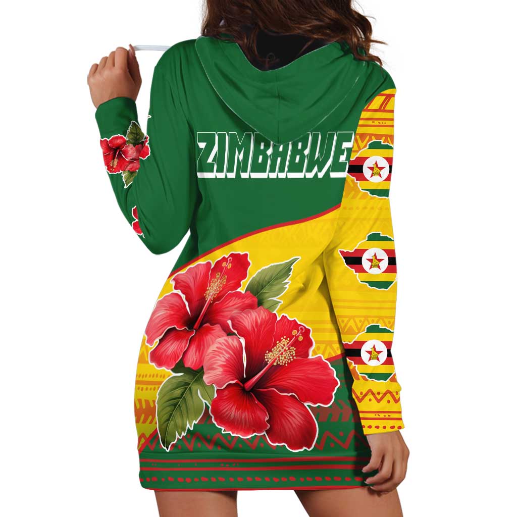 Zimbabwe Flag Map and Red Hibiscus Flowers Hoodie Dress with African Tribal Pattern