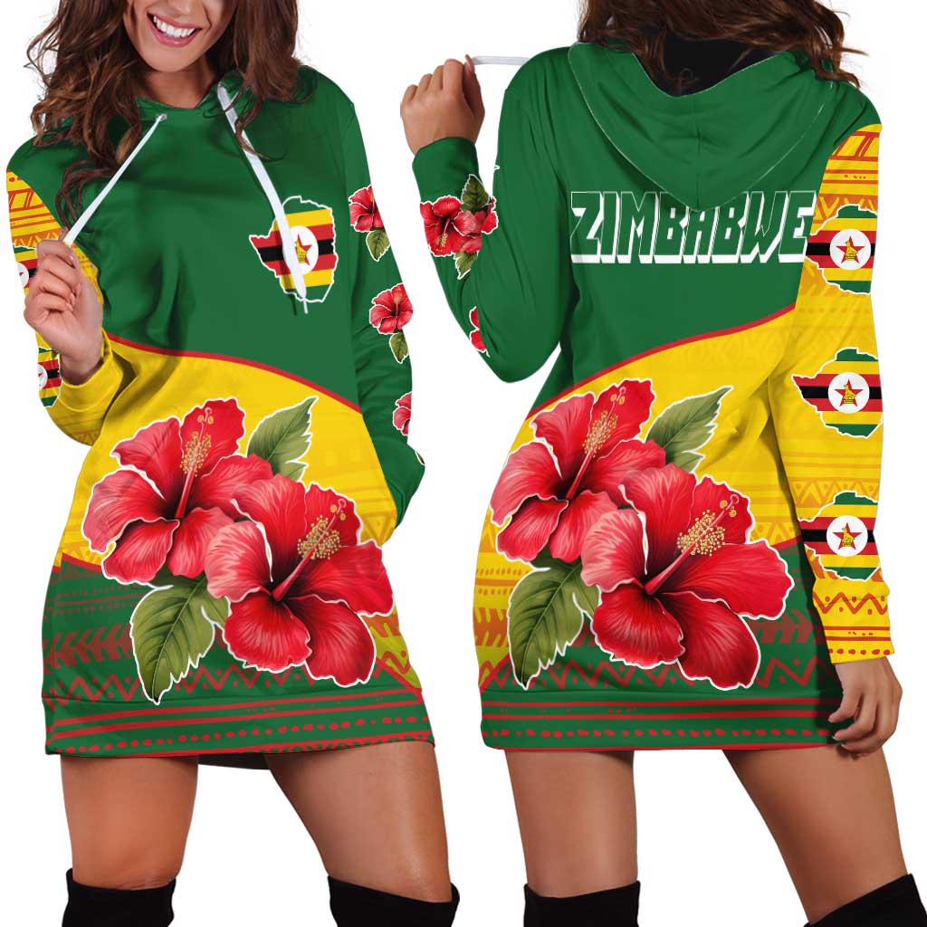 Zimbabwe Flag Map and Red Hibiscus Flowers Hoodie Dress with African Tribal Pattern
