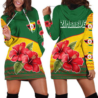 Zimbabwe Flag Map and Red Hibiscus Flowers Hoodie Dress with African Tribal Pattern