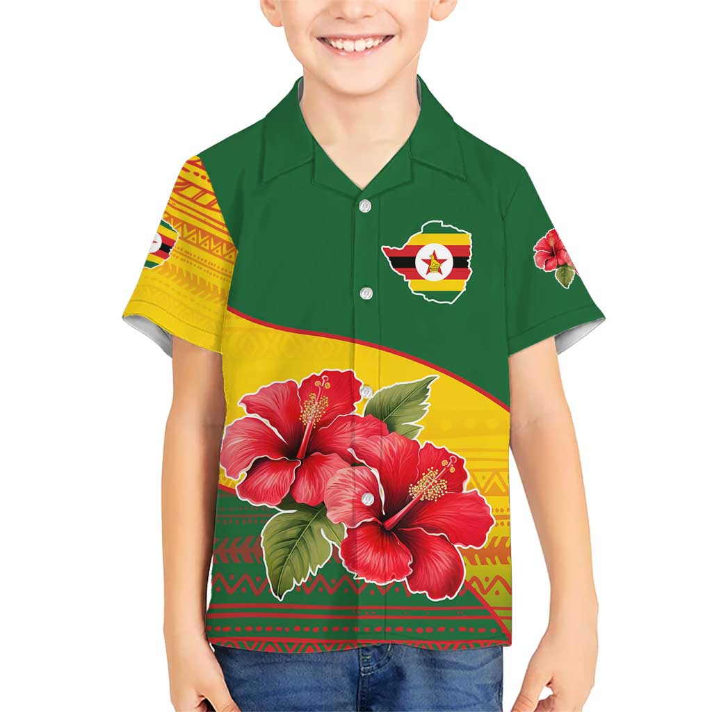 Zimbabwe Flag Map and Red Hibiscus Flowers Kid Hawaiian Shirt with African Tribal Pattern