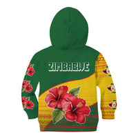 Zimbabwe Flag Map and Red Hibiscus Flowers Kid Hoodie with African Tribal Pattern