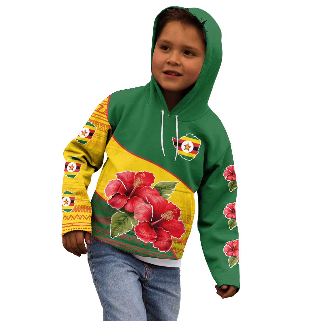 Zimbabwe Flag Map and Red Hibiscus Flowers Kid Hoodie with African Tribal Pattern