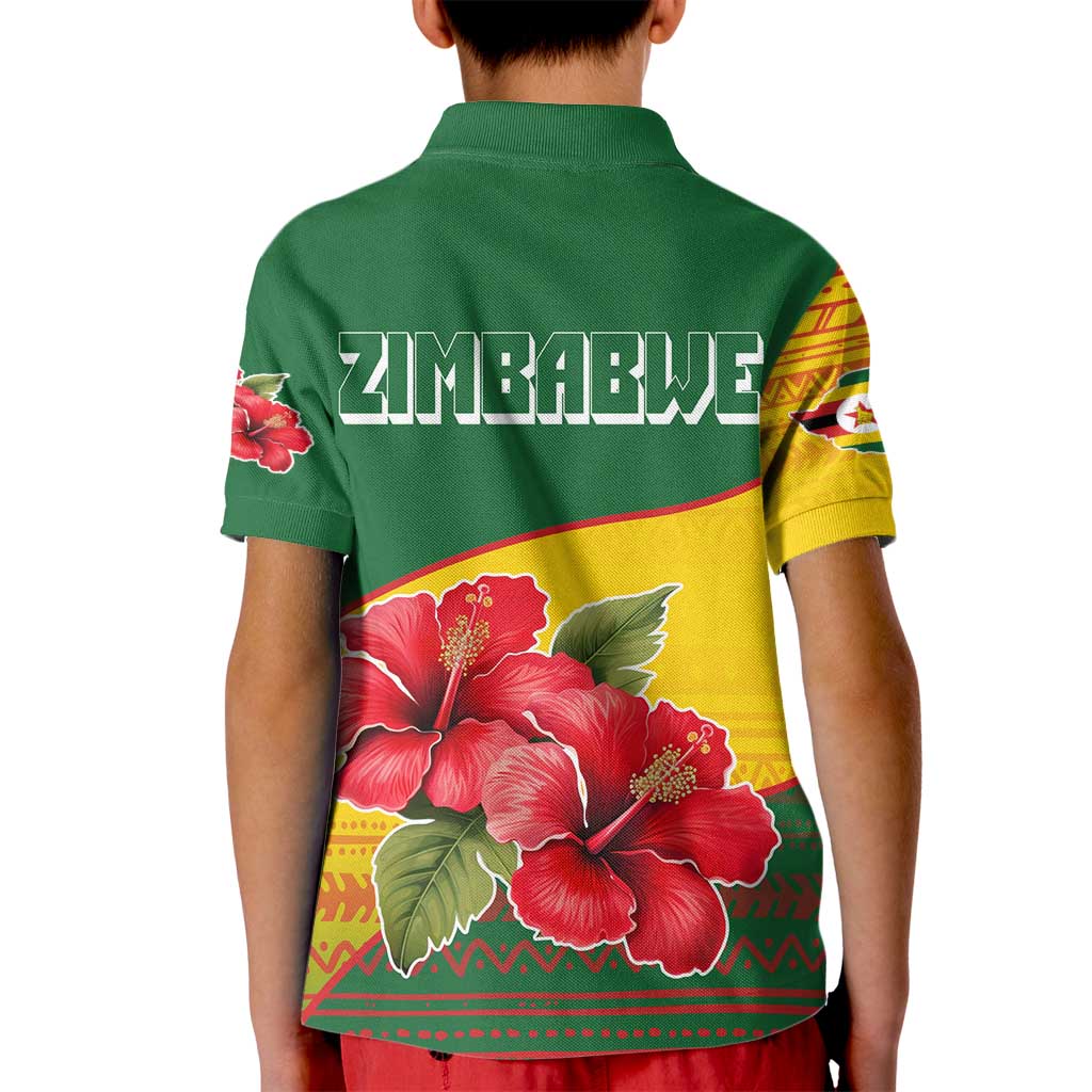 Zimbabwe Flag Map and Red Hibiscus Flowers Kid Polo Shirt with African Tribal Pattern