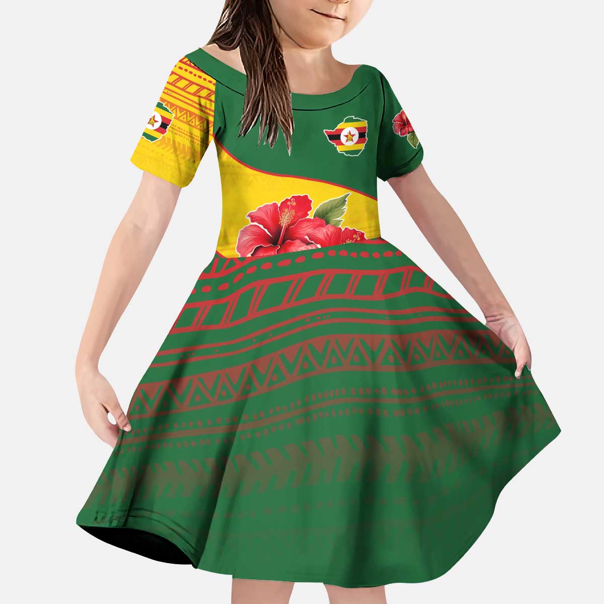 Zimbabwe Flag Map and Red Hibiscus Flowers Kid Short Sleeve Dress with African Tribal Pattern