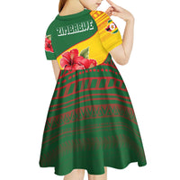 Zimbabwe Flag Map and Red Hibiscus Flowers Kid Short Sleeve Dress with African Tribal Pattern