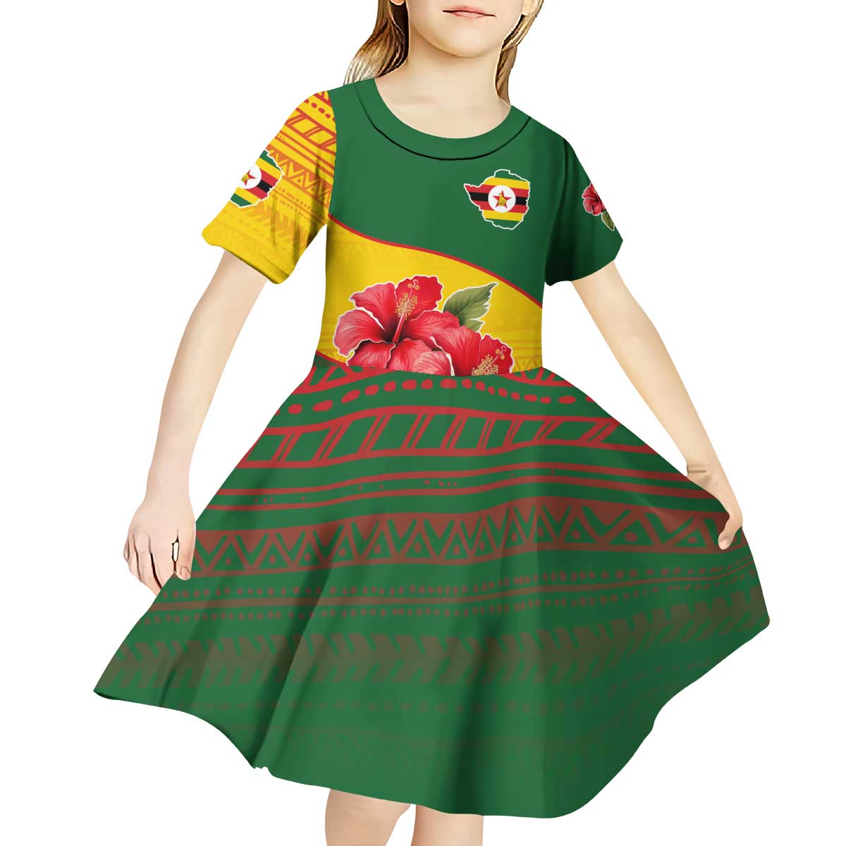 Zimbabwe Flag Map and Red Hibiscus Flowers Kid Short Sleeve Dress with African Tribal Pattern
