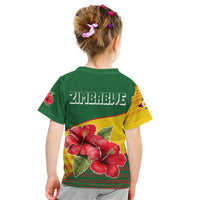 Zimbabwe Flag Map and Red Hibiscus Flowers Kid T Shirt with African Tribal Pattern