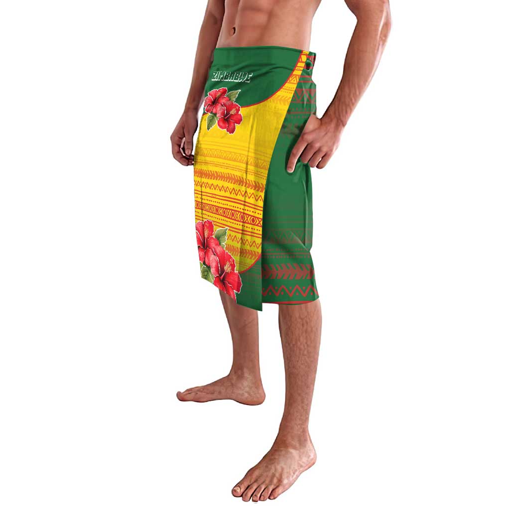 Zimbabwe Flag Map and Red Hibiscus Flowers Lavalava with African Tribal Pattern