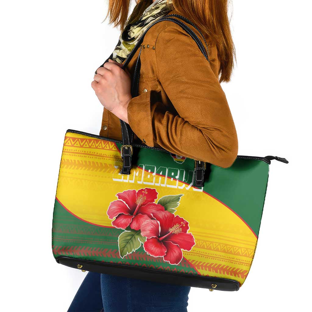 Zimbabwe Flag Map and Red Hibiscus Flowers Leather Tote Bag with African Tribal Pattern