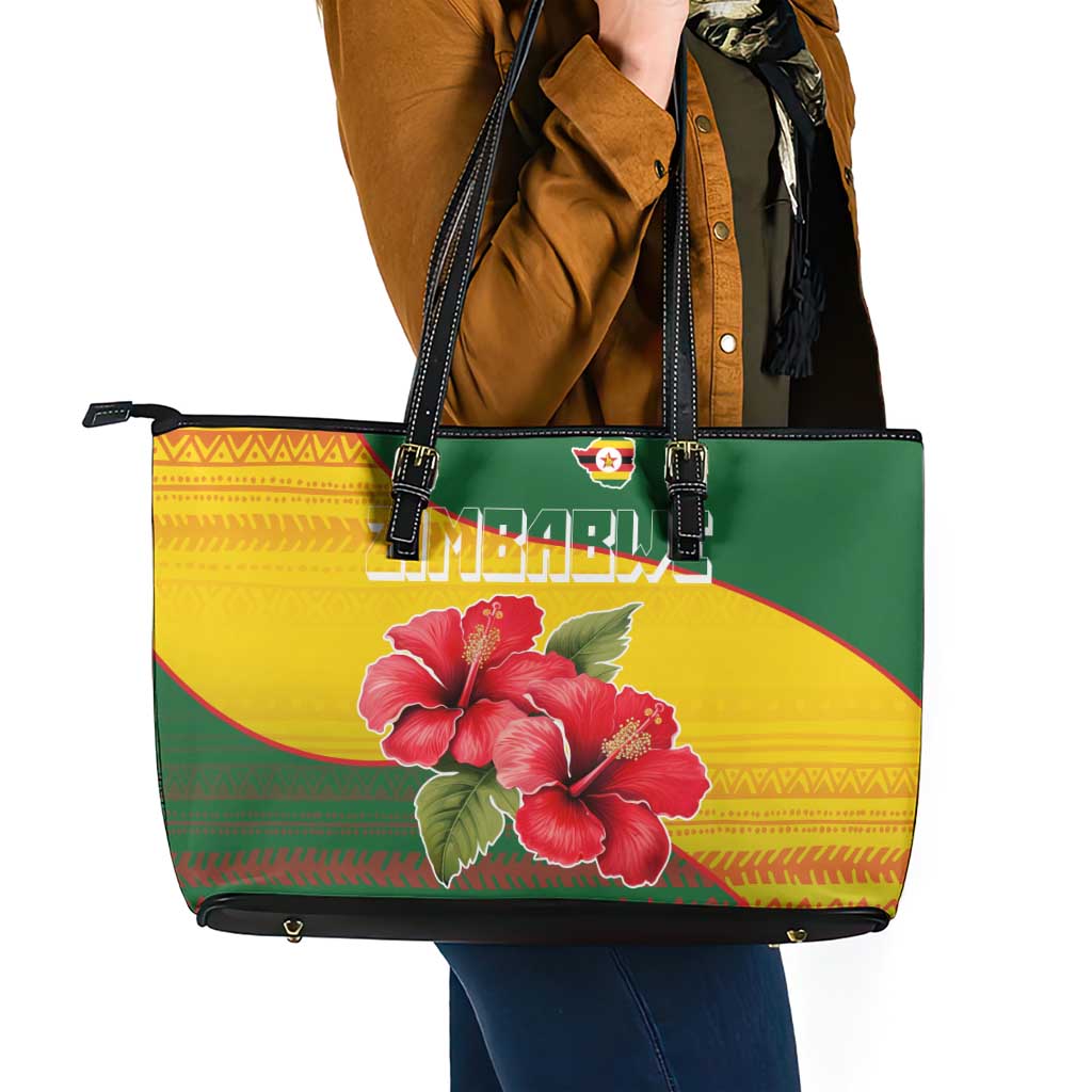 Zimbabwe Flag Map and Red Hibiscus Flowers Leather Tote Bag with African Tribal Pattern