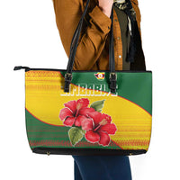Zimbabwe Flag Map and Red Hibiscus Flowers Leather Tote Bag with African Tribal Pattern