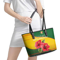 Zimbabwe Flag Map and Red Hibiscus Flowers Leather Tote Bag with African Tribal Pattern
