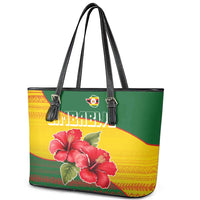 Zimbabwe Flag Map and Red Hibiscus Flowers Leather Tote Bag with African Tribal Pattern