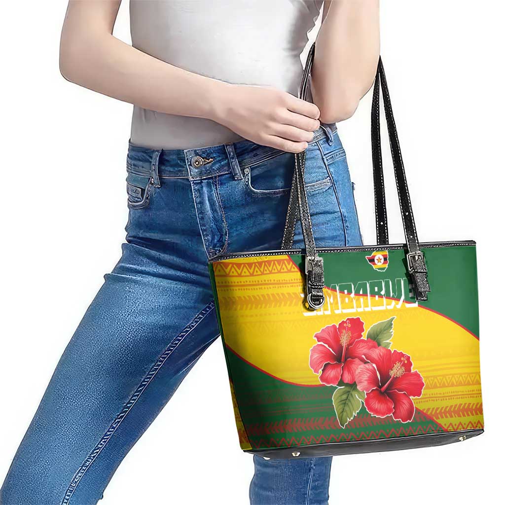 Zimbabwe Flag Map and Red Hibiscus Flowers Leather Tote Bag with African Tribal Pattern
