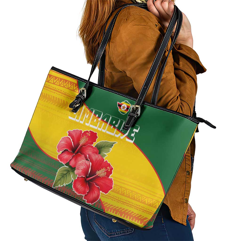 Zimbabwe Flag Map and Red Hibiscus Flowers Leather Tote Bag with African Tribal Pattern