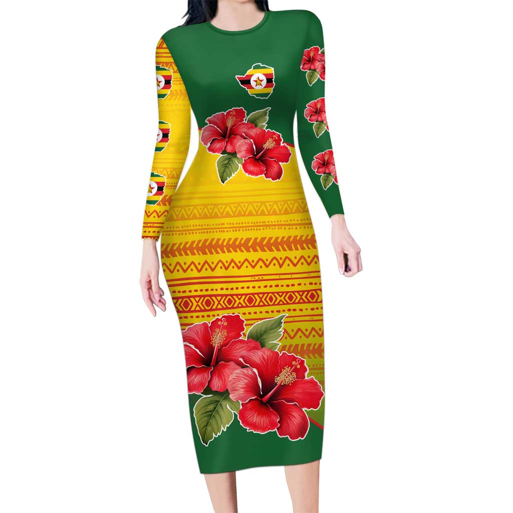 Zimbabwe Flag Map and Red Hibiscus Flowers Long Sleeve Bodycon Dress with African Tribal Pattern