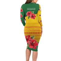 Zimbabwe Flag Map and Red Hibiscus Flowers Long Sleeve Bodycon Dress with African Tribal Pattern