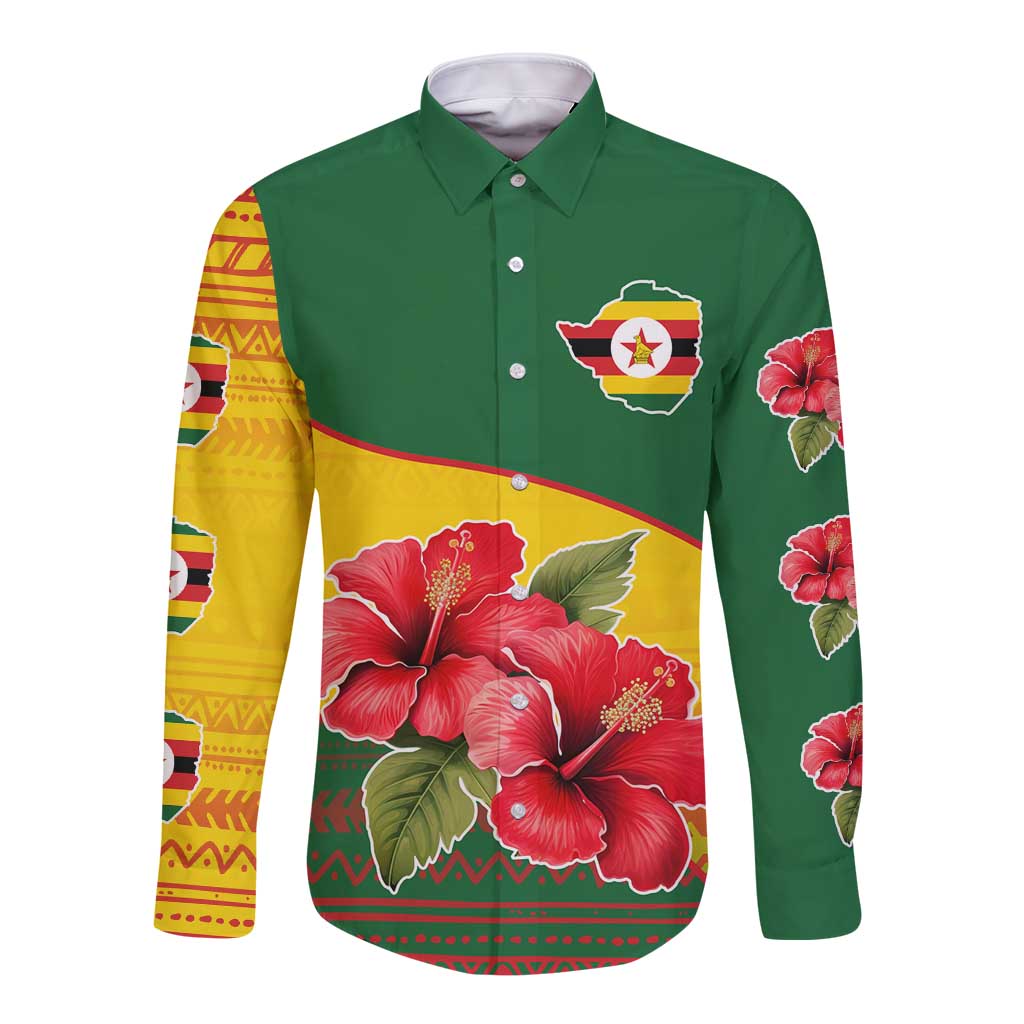 Zimbabwe Flag Map and Red Hibiscus Flowers Long Sleeve Button Shirt with African Tribal Pattern