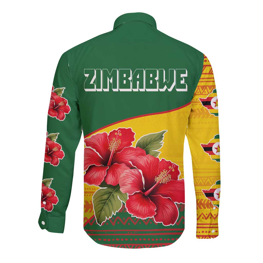 Zimbabwe Flag Map and Red Hibiscus Flowers Long Sleeve Button Shirt with African Tribal Pattern